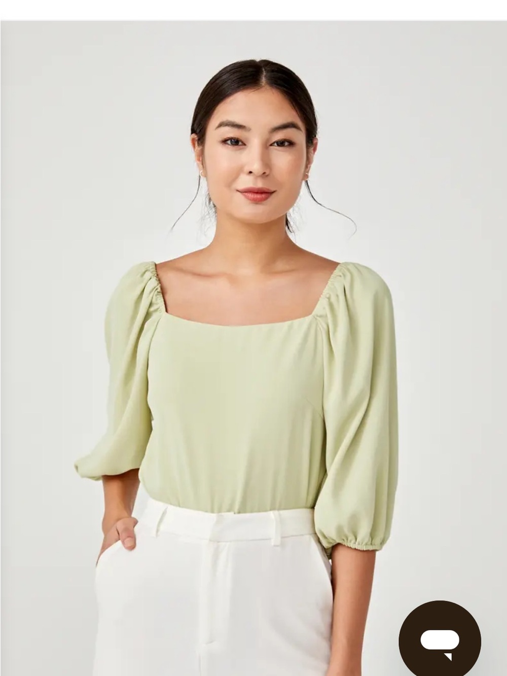 Square Neck Puff Sleeve Blouse - Light Sage Mint Green